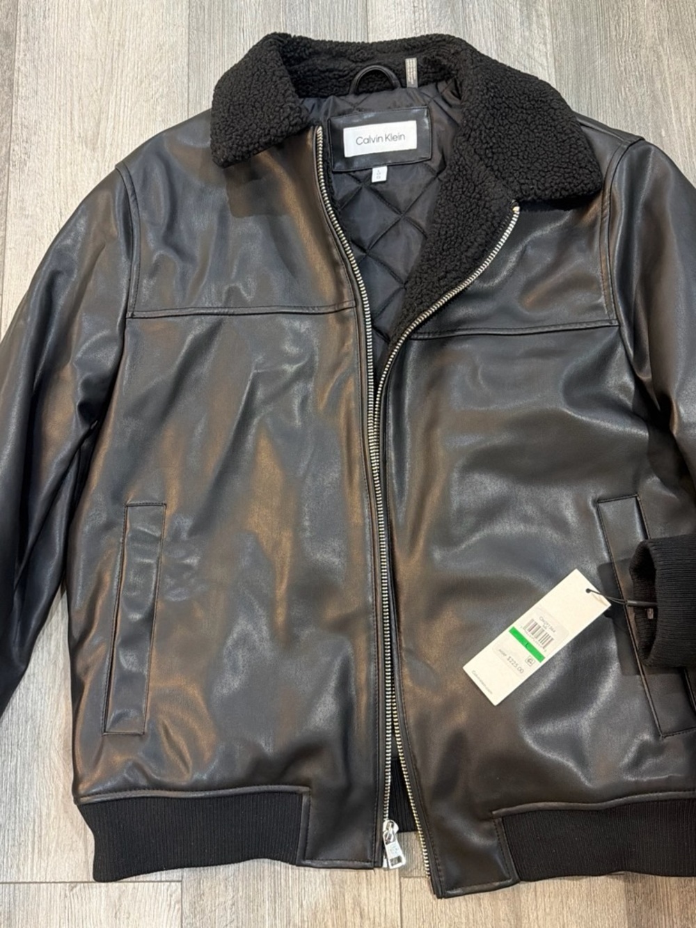 Calvin Klein Black Faux Leather Bomber Jacket with Sherpa Collar